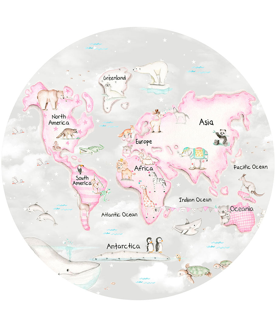 WORLD MAP PINK AND GREY  Adhesive Magic Window