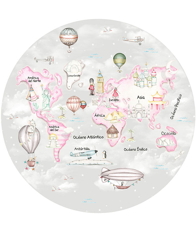 WORLD MAP TRAVEL PINK AND GRAY Adhesive Magic Window