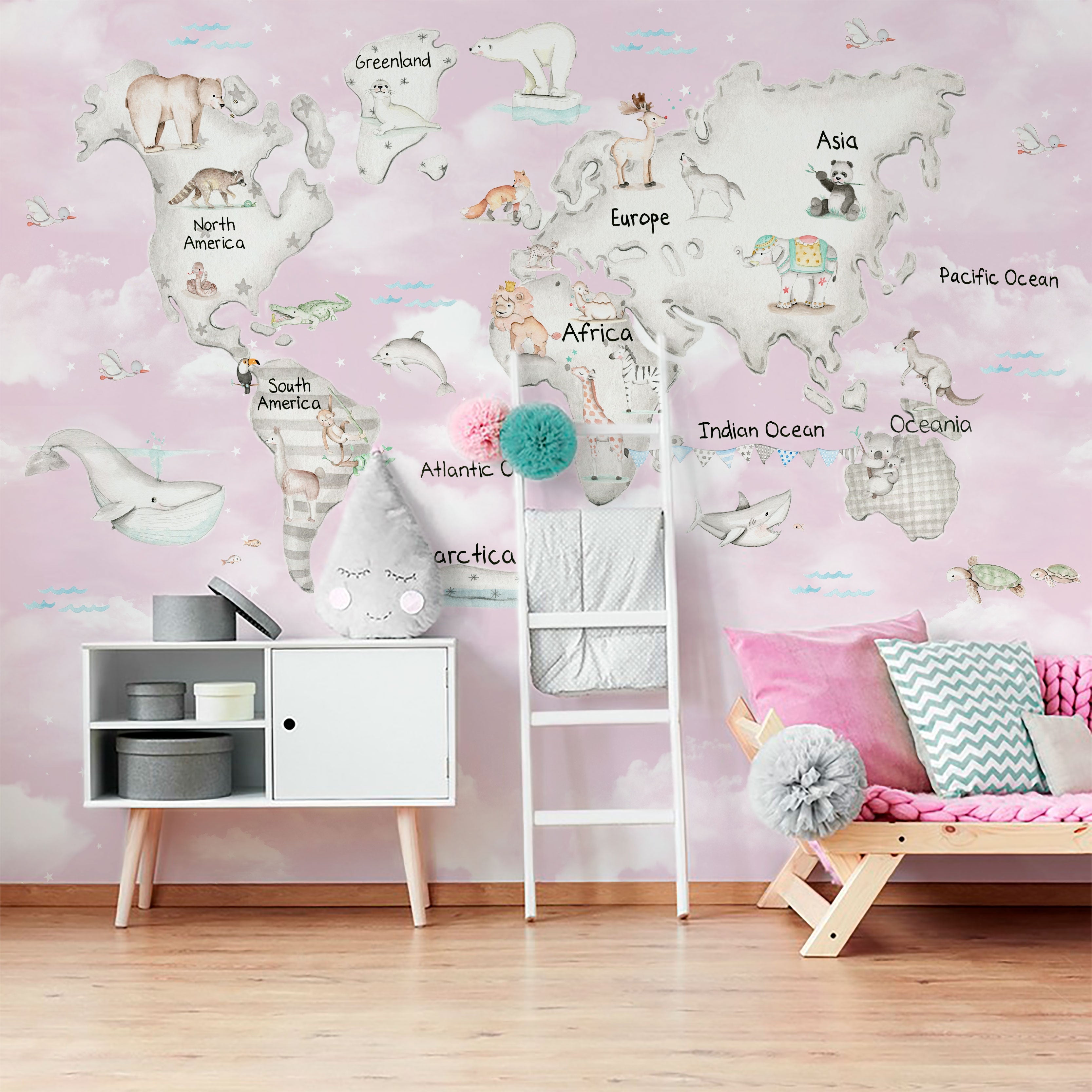 WORLD MAP GRAY PINK BACKGROUND Wallpaper mural