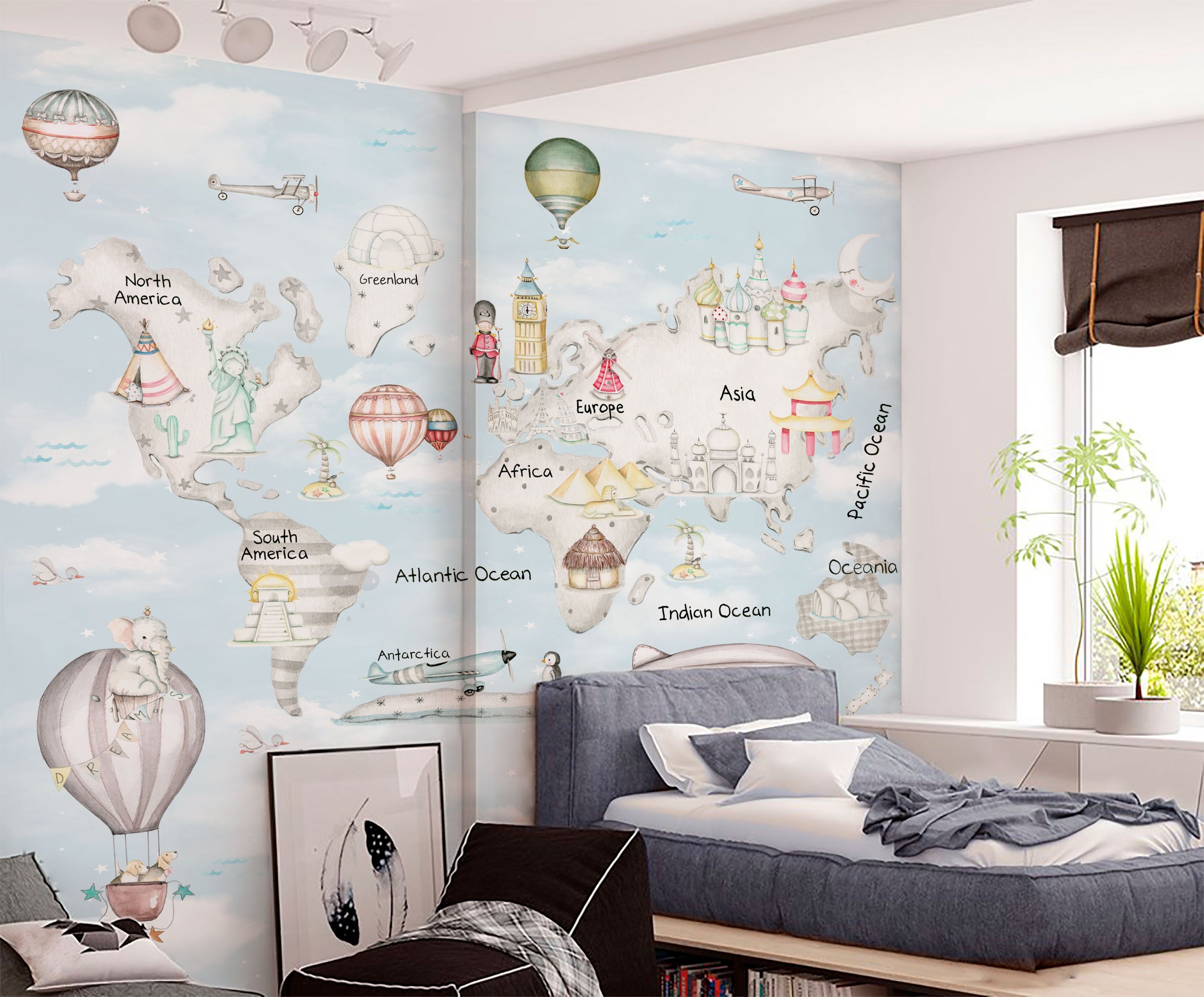 WORLD MAP TRAVEL GREY & BLUE Wallpaper mural