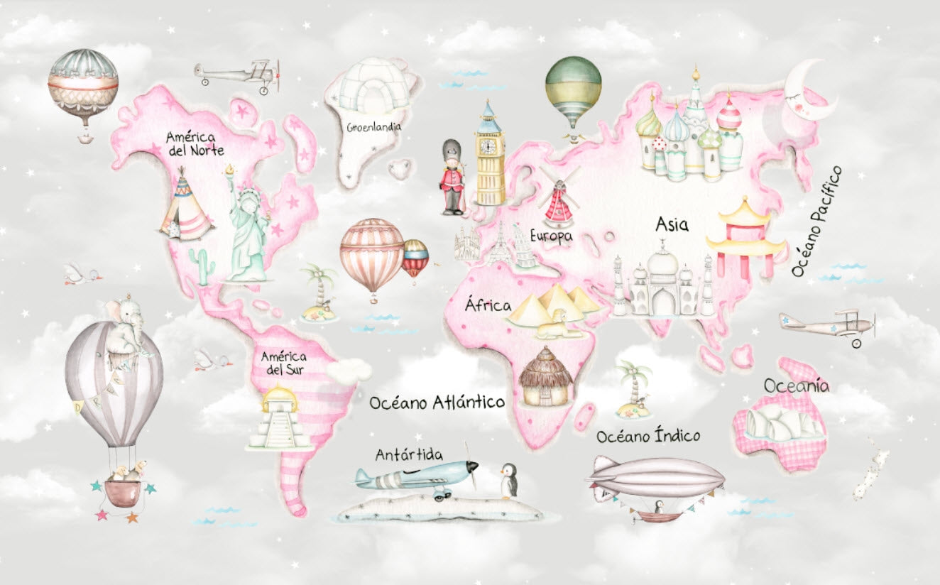 WORLD MAP TRAVEL PINK&GREY Wallpaper mural
