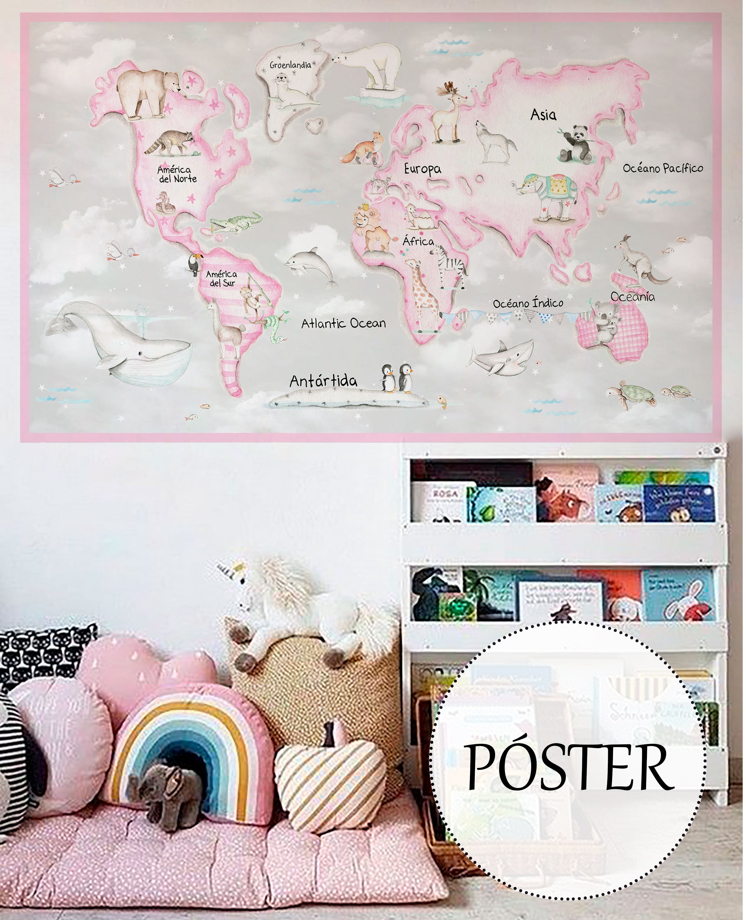 WORLD MAP PINK & GREY Adhesive poster