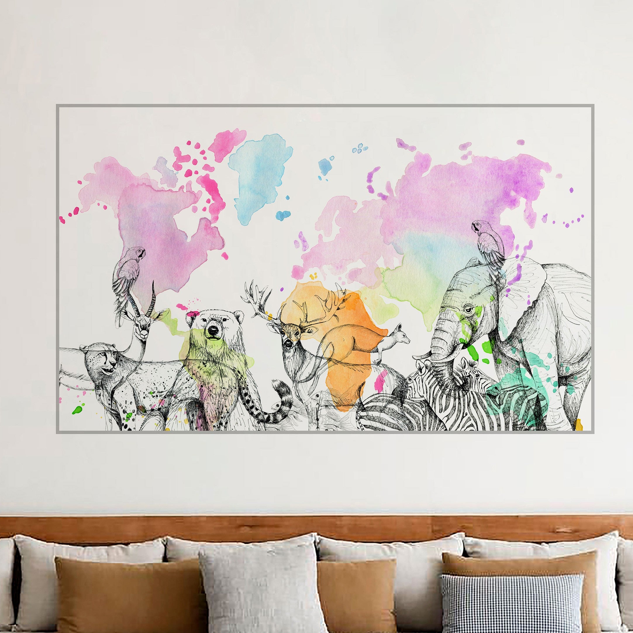 WORLD MAP COLORS ANIMALS Adhesive poster